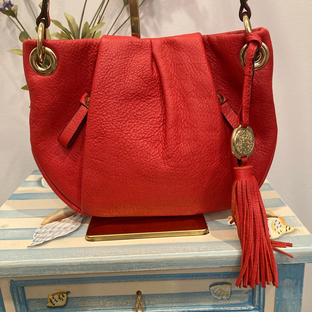 Vince Camuto Red Pebbled Leather Shoulder Bag Gold Hardware Tassel Hobo Purse